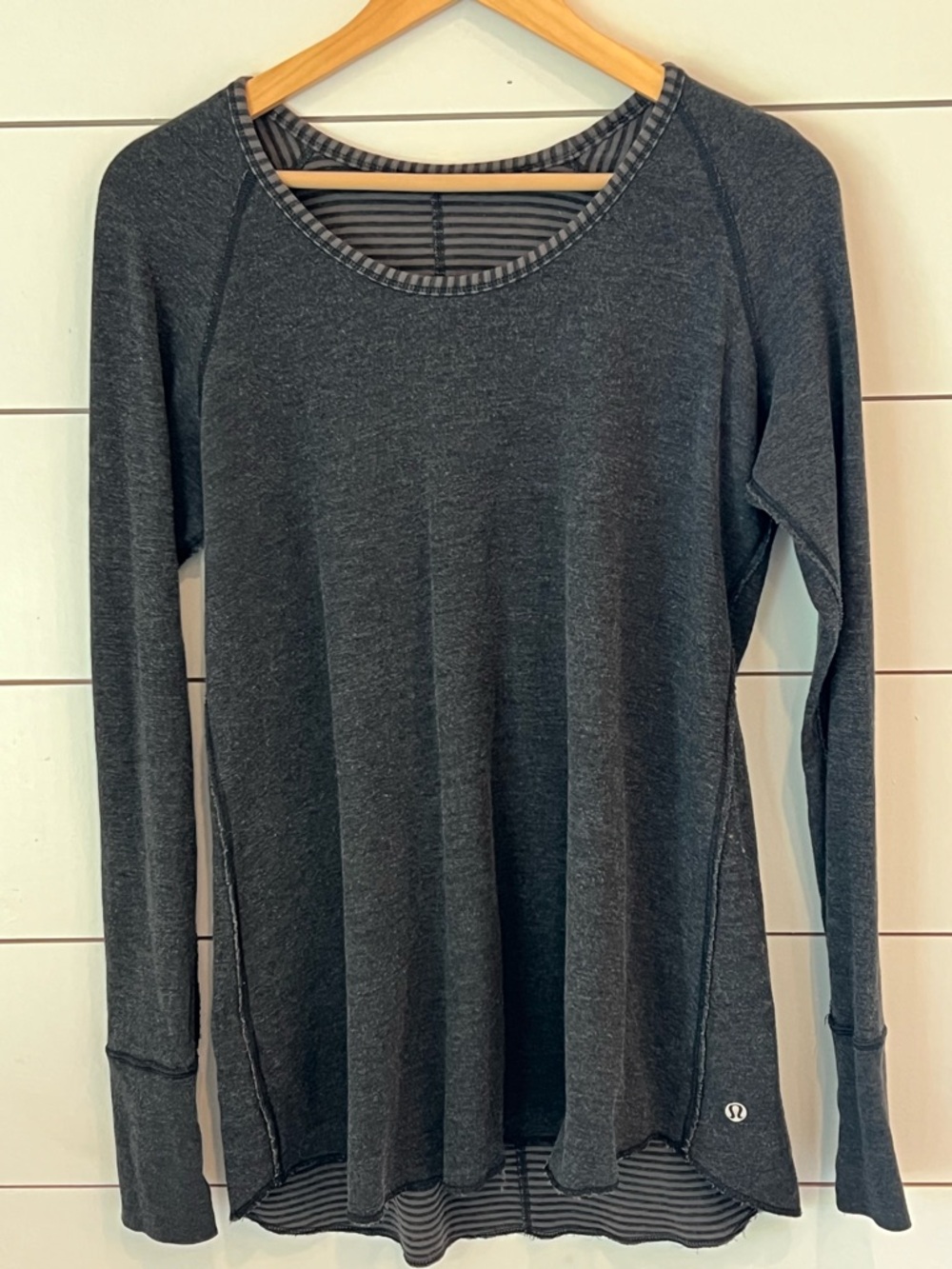 lululemon athletica Charcoal Gray Long Sleeve Crew with Striped‎ Hem